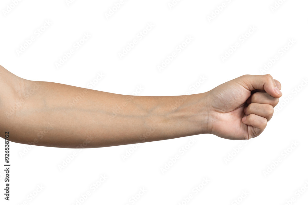 Man hand with fist gesture isolated on white background. Clipping path included. side view Man hand with fist gesture isolated on white background. Clipping path included. side view