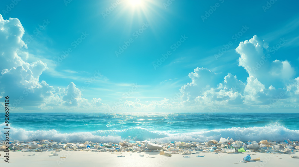 Fototapeta premium Sunlit ocean waves hitting a polluted beach filled with plastic waste, highlighting environmental issues