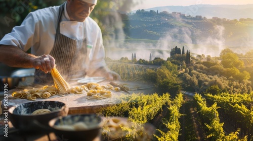 A chef preparing pasta amidst a scenic vineyard landscape, capturing the essence of culinary art and nature's beauty. photo