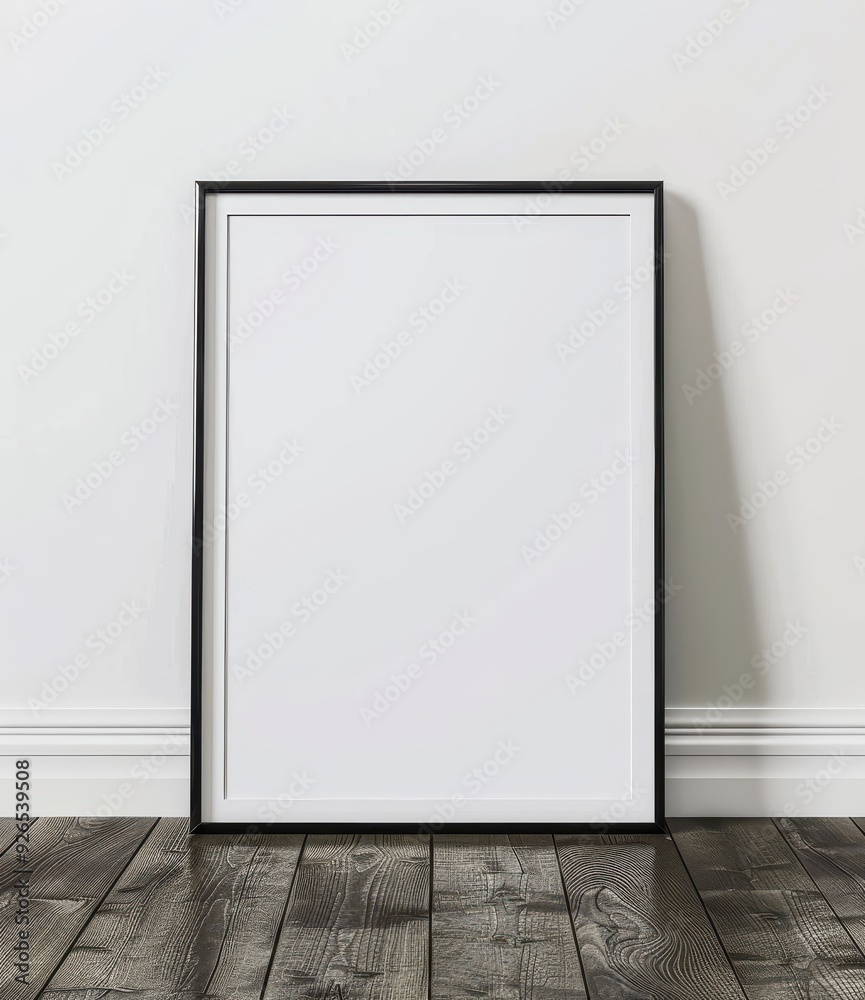 Minimalistic empty picture frame with black border leaning against a white wall on wooden floor. Minimalistic empty picture frame with black border leaning against a white wall on wooden floor.