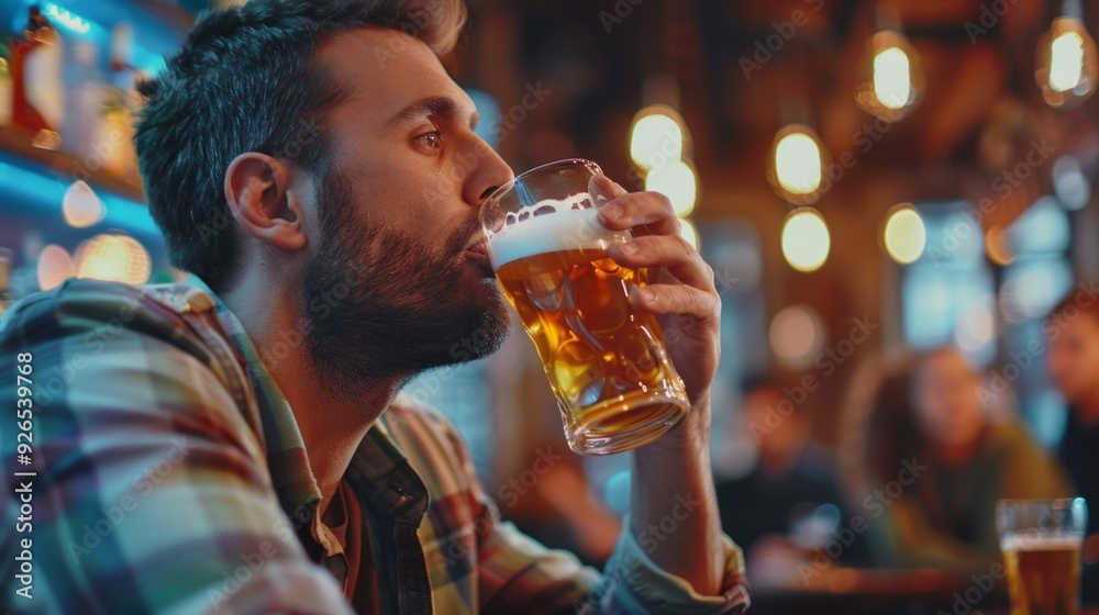 A man sips a cold beer, relaxing in a vibrant bar filled with warm lights and laughter around him A man sips a cold beer, relaxing in a vibrant bar filled with warm lights and laughter around him