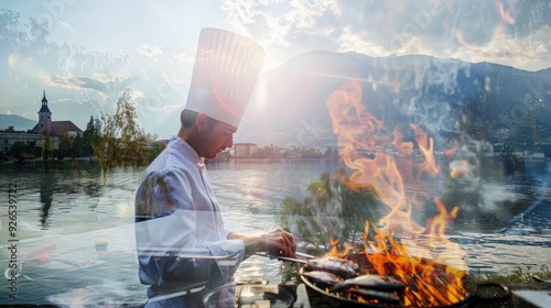 A chef skillfully grills fish over an open flame by the serene lake, surrounded by mountains and a picturesque sunset.