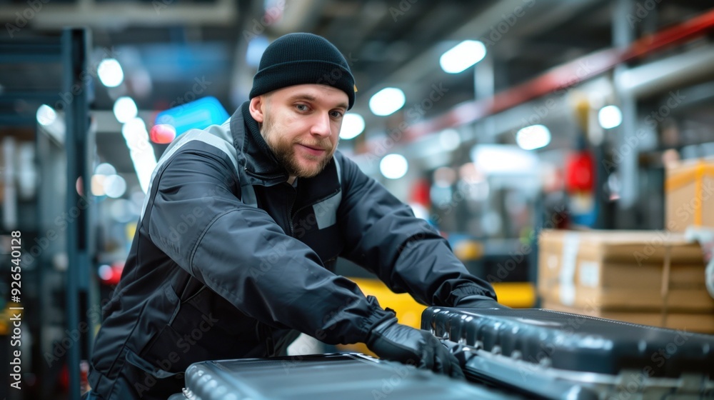 Worker in warm clothing handling equipment in a warehouse with industrial background. Concepts of logistics, labor, and warehouse operations. Worker in warm clothing handling equipment in a warehouse with industrial background. Concepts of logistics, labor, and warehouse operations.