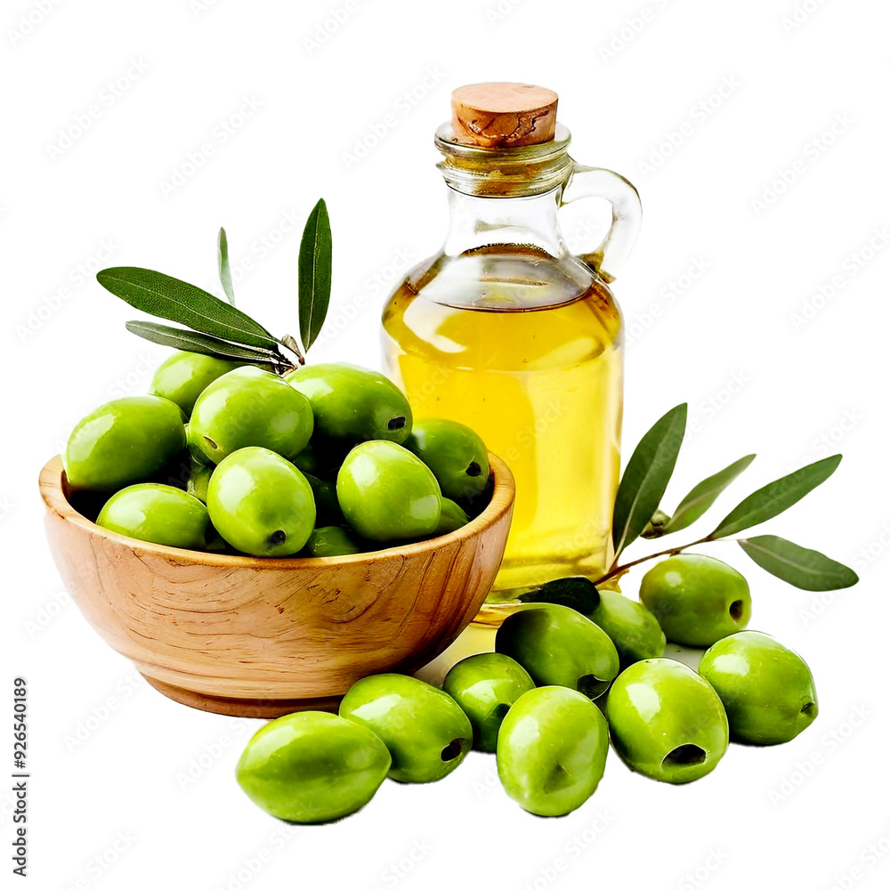 Olive oil Jar and green olives in Wood bowl isolated on white background Olive oil Jar and green olives in Wood bowl isolated on white background