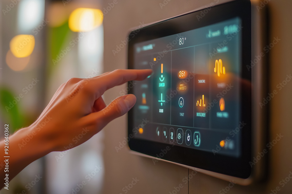 Thermostat smart home domotic control panel on wall for winter house temperature banner panoramic. Energy saving hand touching to adjust temperature of heating in living room. Thermostat smart home domotic control panel on wall for winter house temperature banner panoramic. Energy saving hand touching to adjust temperature of heating in living room.