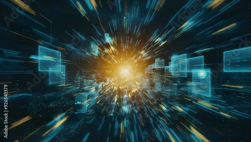 Hypothetical high level scene with sparkling particles, inventive tech establishment, thought of data and innovation.Generative Ai