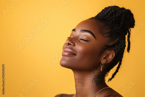 A close up of a tattooed black woman's face with her eyes closed
