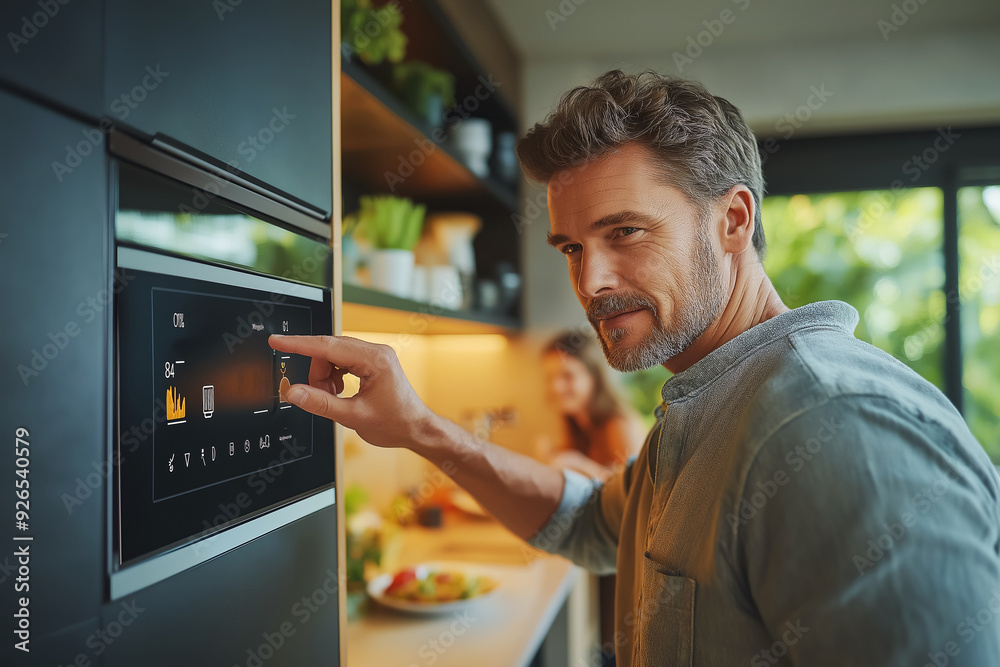 Man using smart touch screen technology connected appliances on wall, controlling energy security system, digital control, set thermostat to heat room in comfortable home, smart home concept. Man using smart touch screen technology connected appliances on wall, controlling energy security system, digital control, set thermostat to heat room in comfortable home, smart home concept.
