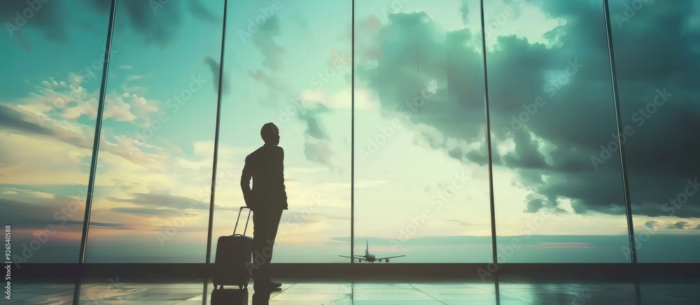 Silhouette of a businessman standing in the airport waiting room Silhouette of a businessman standing in the airport waiting room
