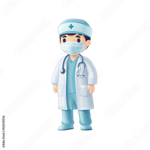 Cartoon doctor character in scrubs and mask, representing healthcare professionals and medical services. transparent background