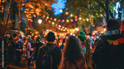 A street party with neighbors in costumes and festive decorations. photo