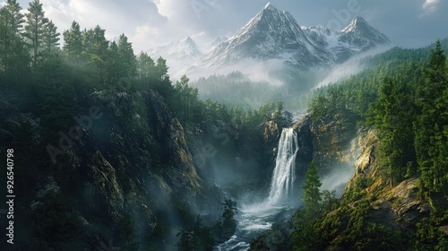Elevated view of cascading waters flowing from a mountain peak, enveloped by dense forest and rugged terrain.