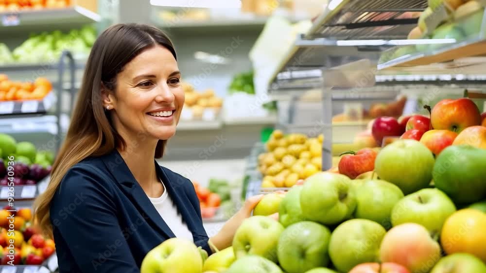 Cheerful woman smiling choosing apples in a grocery store Cheerful woman smiling choosing apples in a grocery store