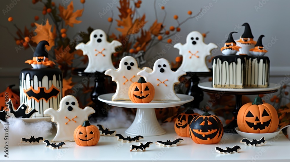 A table full of spooky Halloween treats, including cookies shaped like ghosts and pumpkins. A table full of spooky Halloween treats, including cookies shaped like ghosts and pumpkins.
