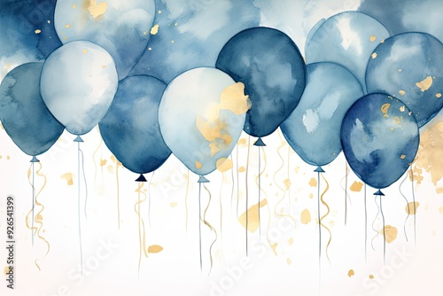 A watercolor illustration of blue balloons with gold accents, perfect for celebrations.