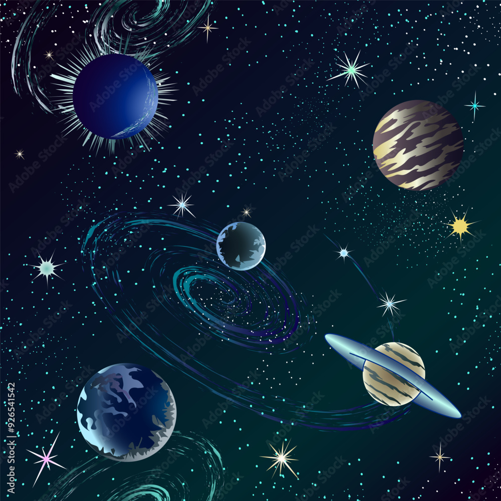 Fototapeta premium Colored pattern with a cosmic galaxy.Stars, planets and galaxies in a seamless pattern on a colored abstract background.