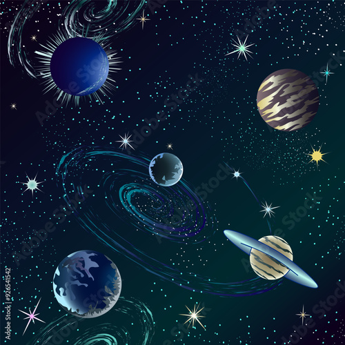 Colored pattern with a cosmic galaxy.Stars, planets and galaxies in a seamless pattern on a colored abstract background.