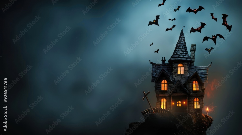 A vertical scene of a haunted house with ghosts and bats flying above. A vertical scene of a haunted house with ghosts and bats flying above.