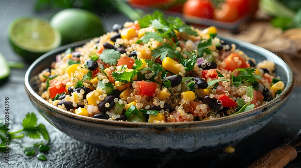 Hearty Quinoa Salad with Black Beans Corn and Vibrant Lime Cilantro Dressing in Serving Bowl Hearty Quinoa Salad with Black Beans Corn and Vibrant Lime Cilantro Dressing in Serving Bowl
