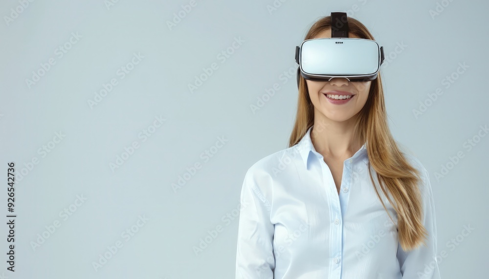 Professional woman using a VR headset, light gray background, with space for future business concepts. Professional woman using a VR headset, light gray background, with space for future business concepts.
