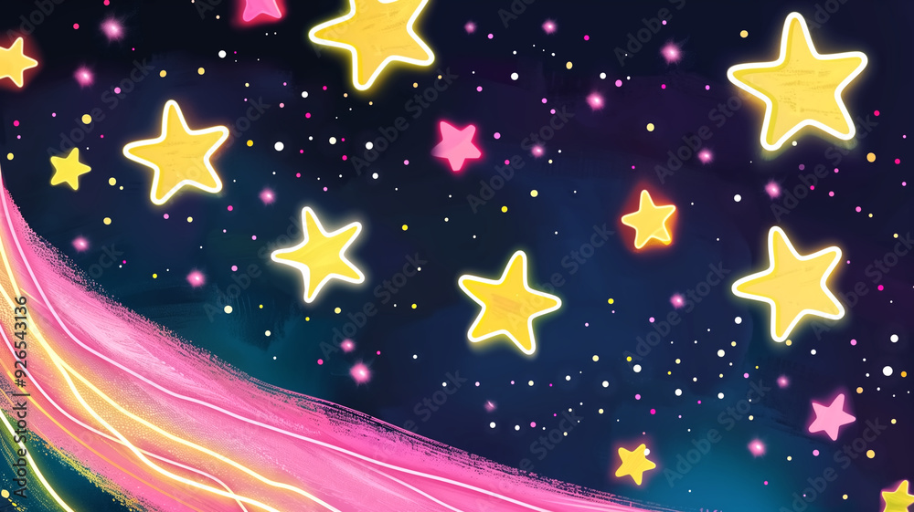 Colorful Night Sky with Glowing Stars and Pink Light Trails in a Dreamy Fantasy Landscape