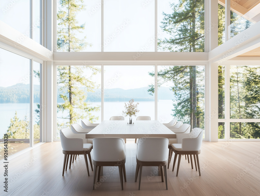 Fototapeta premium Luxury minimalist dining room, two floor high ceiling. Sea view outside the window. Spacious dining table.