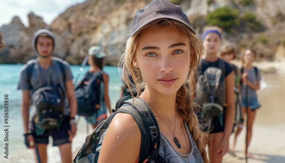 A young woman leads a group of volunteers in a beach cleanup effort. 