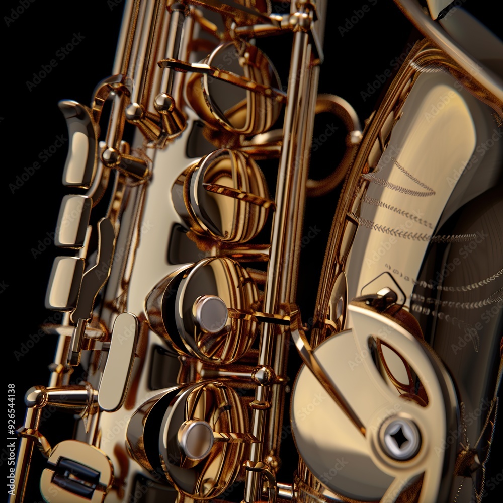 Naklejka premium Detailed View of a Saxophone with Gleaming Brass Finish, Representing the Soulful Sounds of Jazz