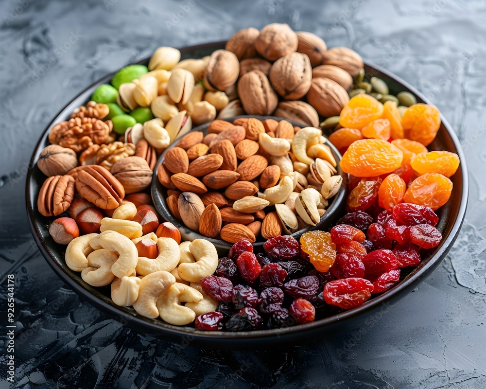 Assorted Nuts and Dried Fruits on Platter for Healthy Snacking or Party Appetizer Assorted Nuts and Dried Fruits on Platter for Healthy Snacking or Party Appetizer