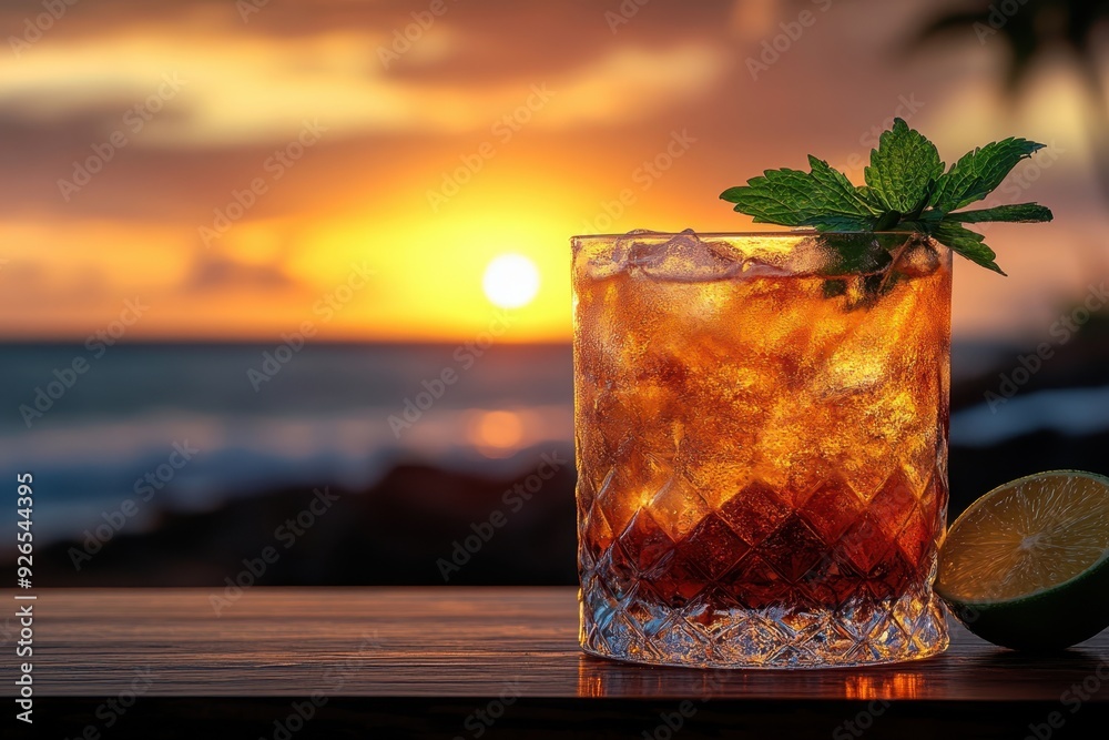 Cocktail Mai Tai placed on the right side of table. Blurred beach sunset in the background. Cocktail Mai Tai placed on the right side of table. Blurred beach sunset in the background.