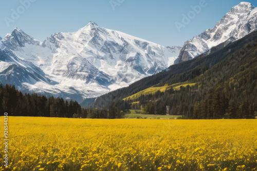 Panoramic alpine meadow with vibrant yellow flowers, stretching across a vast valley under a clear blue sky