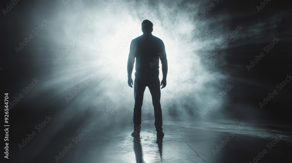 Fototapeta premium Dramatic man silhouette artistic image of figure standing in bright light with striking shadow