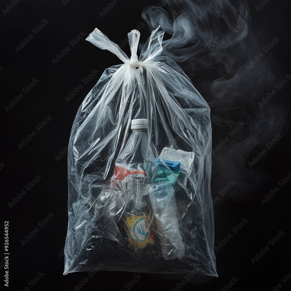 Plastic waste inside a see-through bag, its contents visible and reflecting the pressing issue of pollution Plastic waste inside a see-through bag, its contents visible and reflecting the pressing issue of pollution