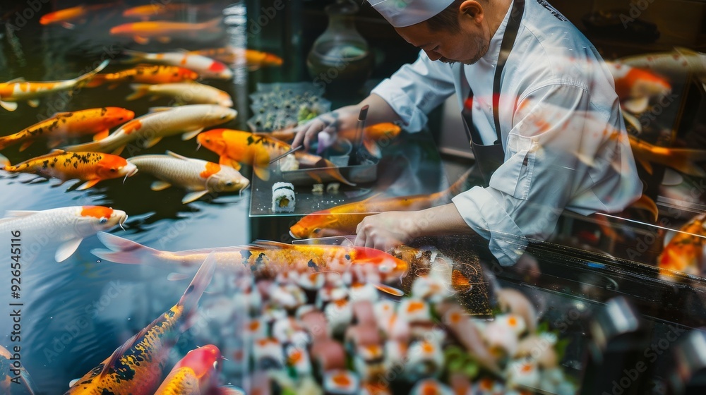A skilled chef prepares delicious sushi while vibrant koi fish swim nearby, showcasing the art of culinary mastery and nature's beauty. A skilled chef prepares delicious sushi while vibrant koi fish swim nearby, showcasing the art of culinary mastery and nature's beauty.