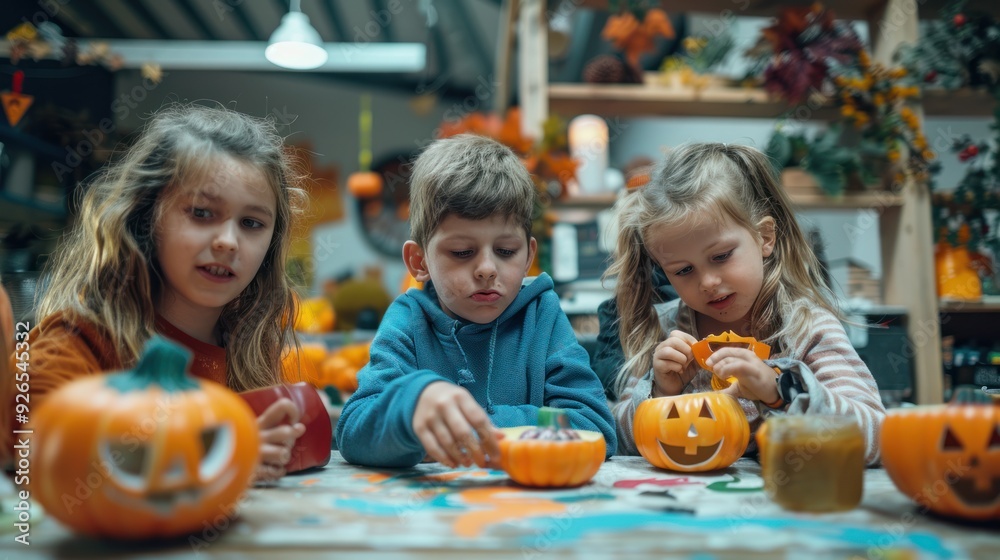 Children decorating and painting their own Halloween masks. Children decorating and painting their own Halloween masks.