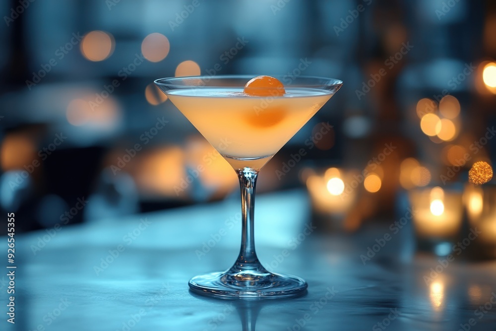 Cocktail Vesper Martini placed on the right side of table. Blurred sophisticated cocktail party in the background. Cocktail Vesper Martini placed on the right side of table. Blurred sophisticated cocktail party in the background.
