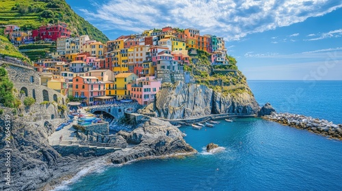 Scenic view of Cinque Terre colorful villages perched on cliffs overlooking the sparkling blue waters of the Italian coast.