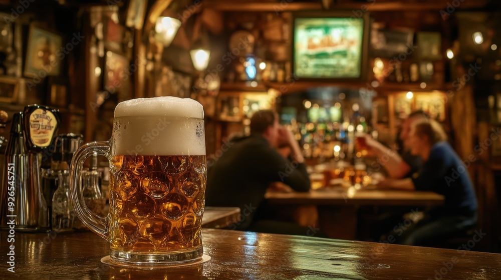 A traditional Bavarian pub scene with a bartender pouring a pint of lager, the foam head rising perfectly above the rim, surrounded by the rustic charm of wooden tables, beer mugs, and friends A traditional Bavarian pub scene with a bartender pouring a pint of lager, the foam head rising perfectly above the rim, surrounded by the rustic charm of wooden tables, beer mugs, and friends