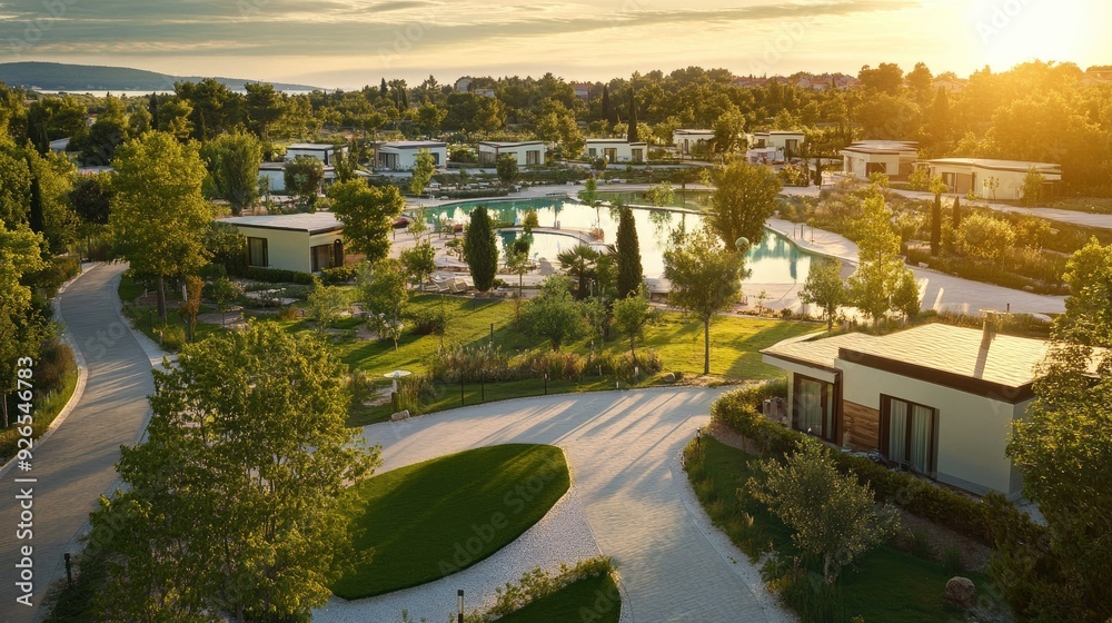 The aerial perspective of a luxury mobile home community in Rovinj, Istria, Croatia, showcasing the pool and green spaces. The aerial perspective of a luxury mobile home community in Rovinj, Istria, Croatia, showcasing the pool and green spaces.