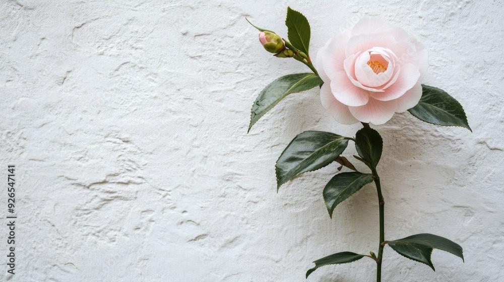 The beauty of a blooming camellia, with its soft pink hues standing out against the simplicity of a white wall. The beauty of a blooming camellia, with its soft pink hues standing out against the simplicity of a white wall.