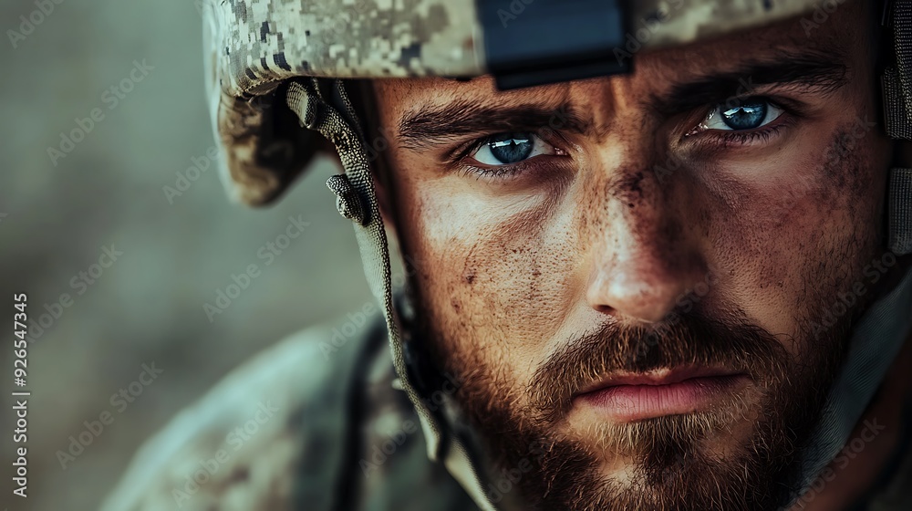 Close-up portrait of a soldier with a serious expression, wearing a camouflage helmet. Close-up portrait of a soldier with a serious expression, wearing a camouflage helmet.