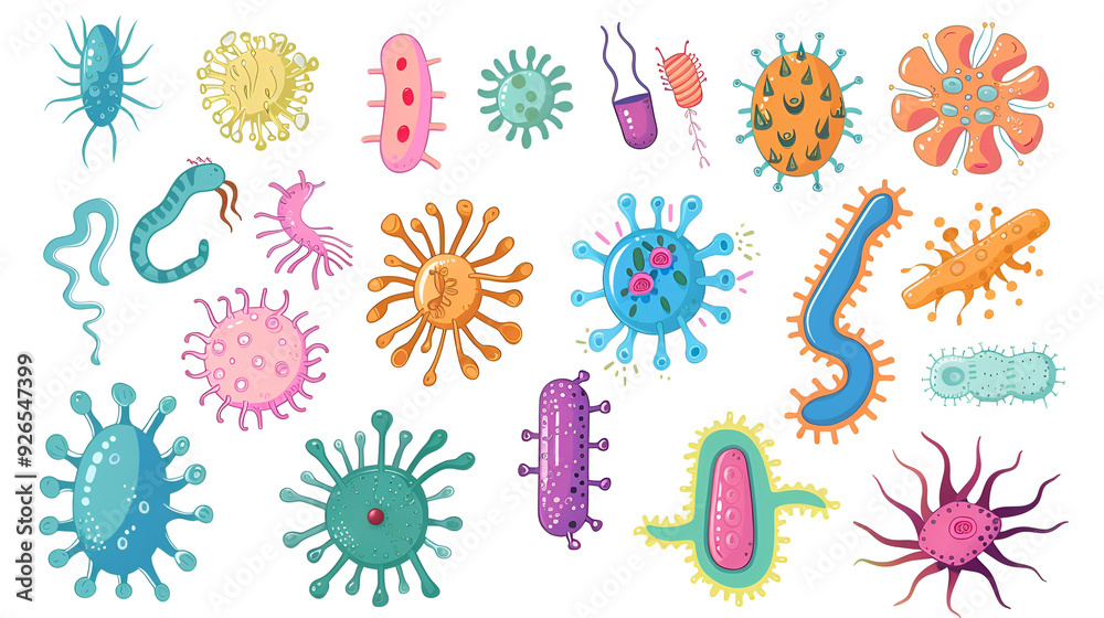 Set of different microorganisms isolated on white background Set of different microorganisms isolated on white background