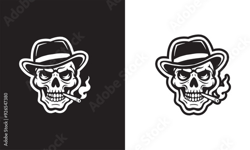 Smoking skull face in hat.vector illustration on white background