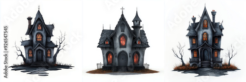 Halloween gothic haunted house cartoon style pack isolated on white background