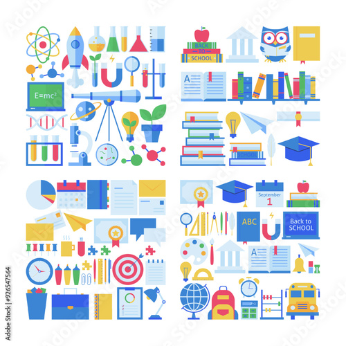 Science School Big Object Set. Vector Illustration of College Symbol Collection. Learn University Signs Isolated over White Background.
