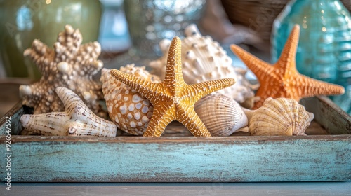 The bright colors and intricate patterns of seashells and starfish displayed on a rustic wooden tray, capturing the essence of a beachside market scene. photo