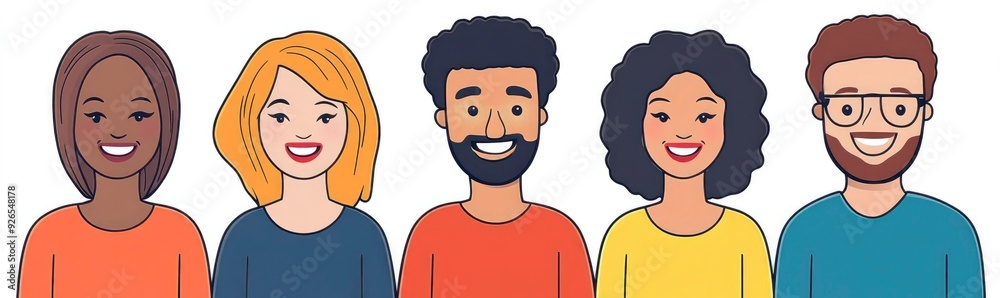 5 people of different races and nationalities are smiling as they look at the camera on an isolated white background in a cartoon style. 5 people of different races and nationalities are smiling as they look at the camera on an isolated white background in a cartoon style.