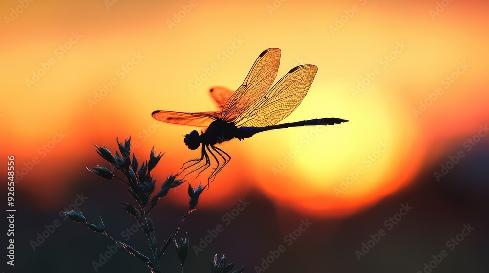 The elegant silhouette of a dragonfly captured in mid-air, with the backdrop of a vibrant sunset adding depth and color to the composition. The elegant silhouette of a dragonfly captured in mid-air, with the backdrop of a vibrant sunset adding depth and color to the composition.