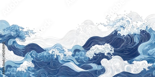 blue Japanese style line art ocean waves on white background