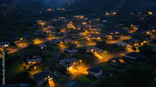 The illuminated homes of Hawaii Loa Ridge at night, captured from above, showing the peaceful hillside community. photo